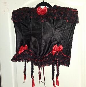 Black Satin Corset with Red Lace Trim and Bows